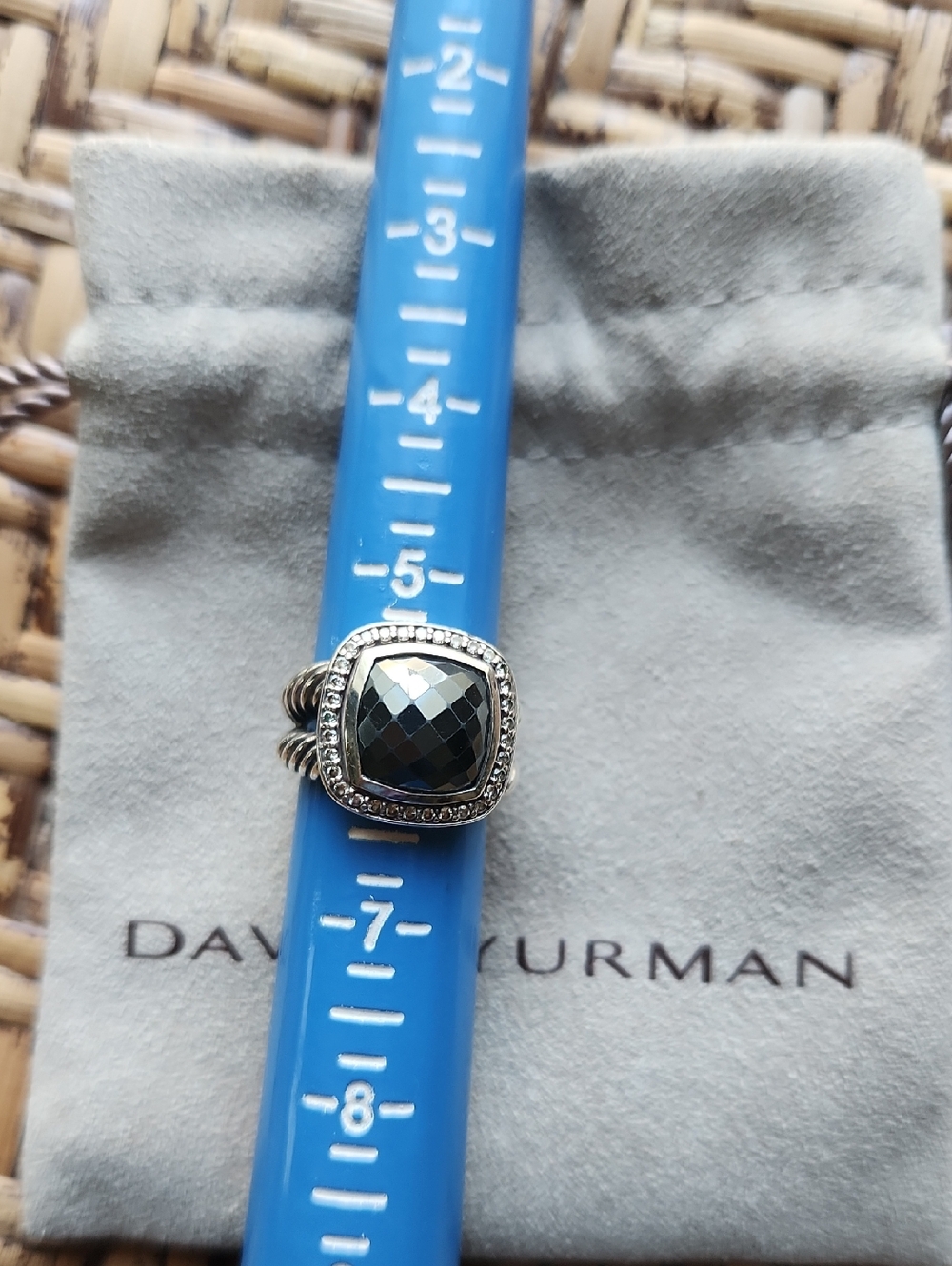 David Yurman Hemitite  Albium Ring  Black Faceted Cushion Stone Diamond Trim
